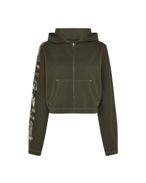 Trapstar Script Distressed Camo Applique Zip Hoodie Khaki | IMNPAR-542