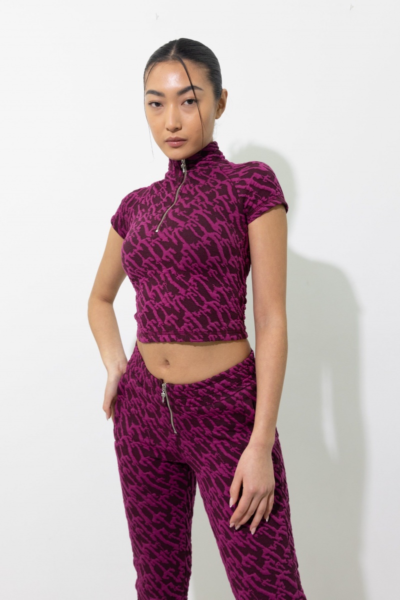 Trapstar Jacquard Fitted Zip Crop Top Burgundy Pink | EKMNOI-843