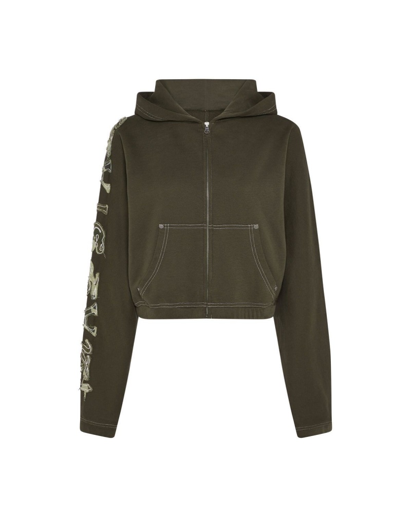 Trapstar Script Distressed Camo Applique Zip Hoodie Khaki | UTHKEI-640