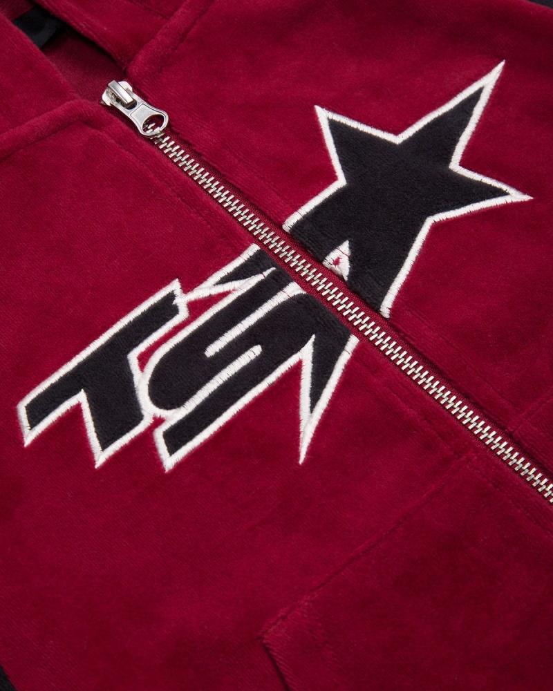 Trapstar TS- Star Contrast Panel Velour Hoodie Burgundy | DAXVLK-815