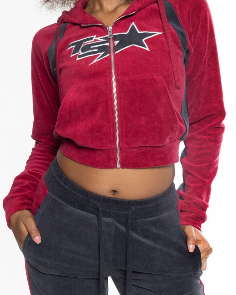 Trapstar TS- Star Contrast Panel Velour Hoodie Burgundy | DAXVLK-815